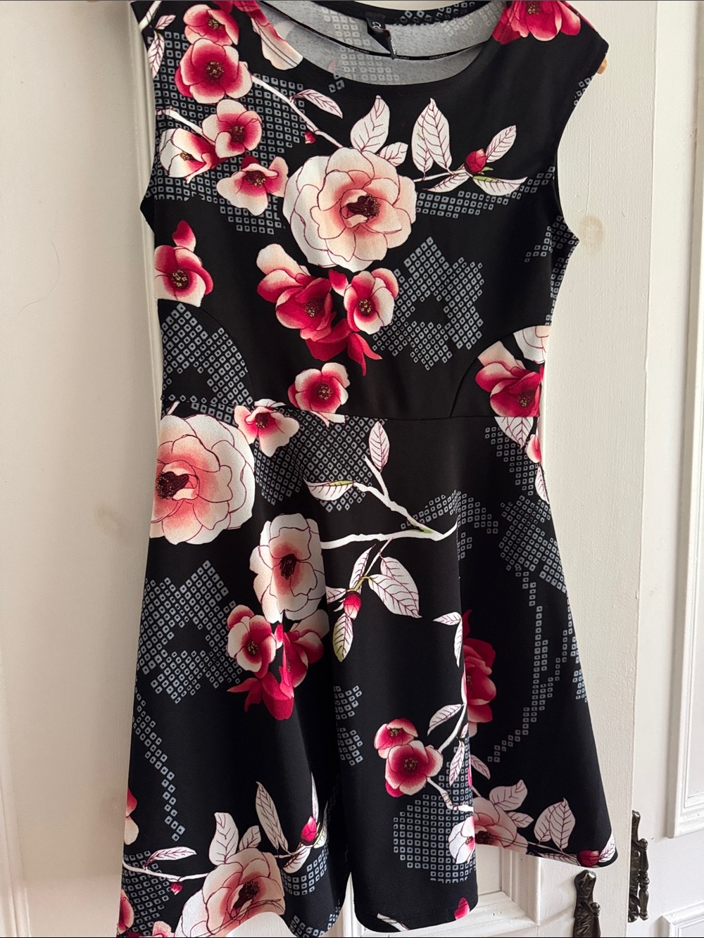 Sleeveless Black Dress with Pink Floral Print